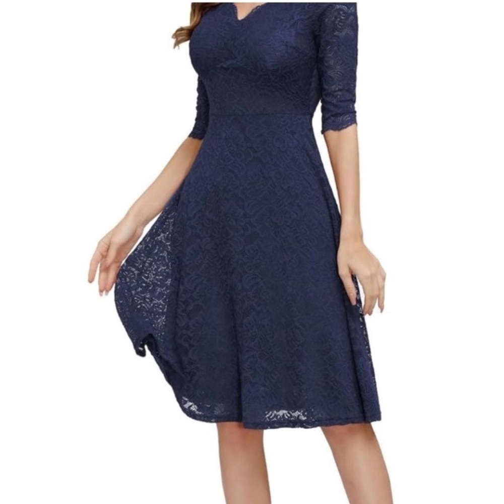 Jasambac Navy Lace Double V Neck Midi Dress
